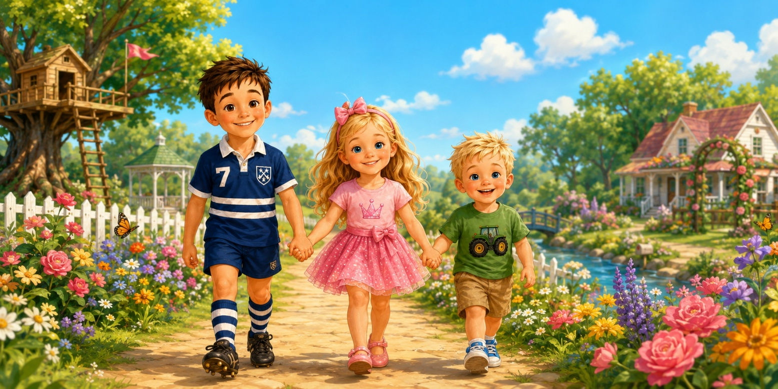 Jake, Liz and James walking together through a colourful garden